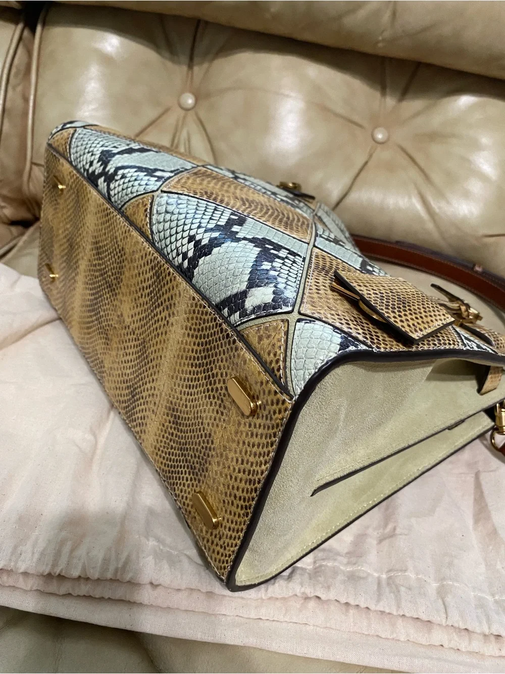 LKNW Tory Burch Lee Radziwill Large Double Bag Leather Snake Python Green Beige